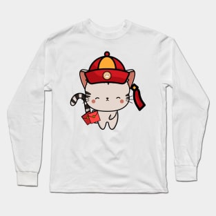 Cute Tabby Cat ready for lunar new year Long Sleeve T-Shirt